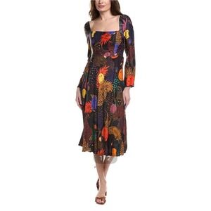 NWT FARM Rio Women's L Puff Sleeve Midi Dress Jungle‎ Smiley Tropical Print